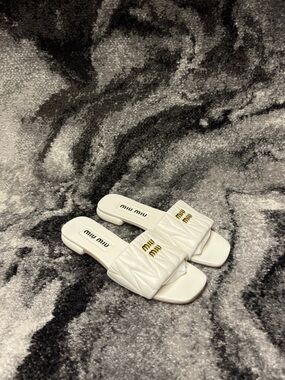 Miu Miu Matelassé Nappa Leather Slides White and Gold Womens Size 8